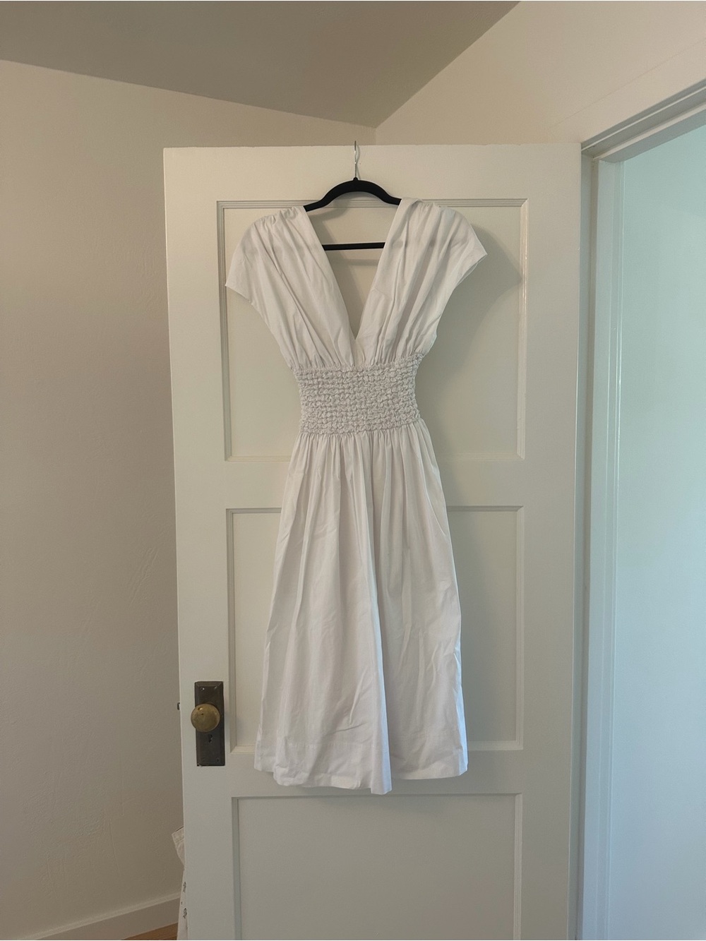 STAUD White Smocked Waist V-Neck Top